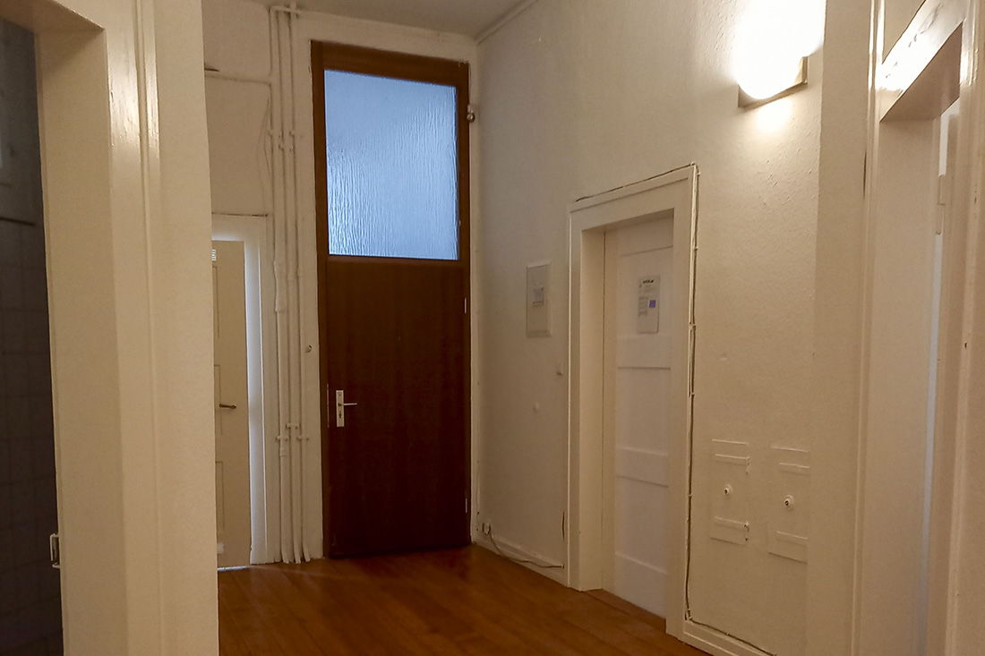 Flur der Altbauwohnung, weiße Wände und Zimmertüren, dunklere Eingangstüre mit Oberlicht