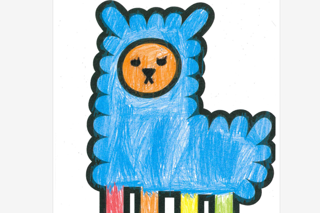 Ausmalbild eines Alpakas. Das Alpaka ist blau mit bunten Beinen.